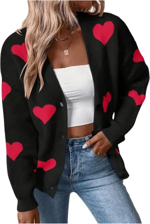SHENHE Women's Button Down Cardigan Cute Heart Print V Neck Soft Cardigan Sweater Coat