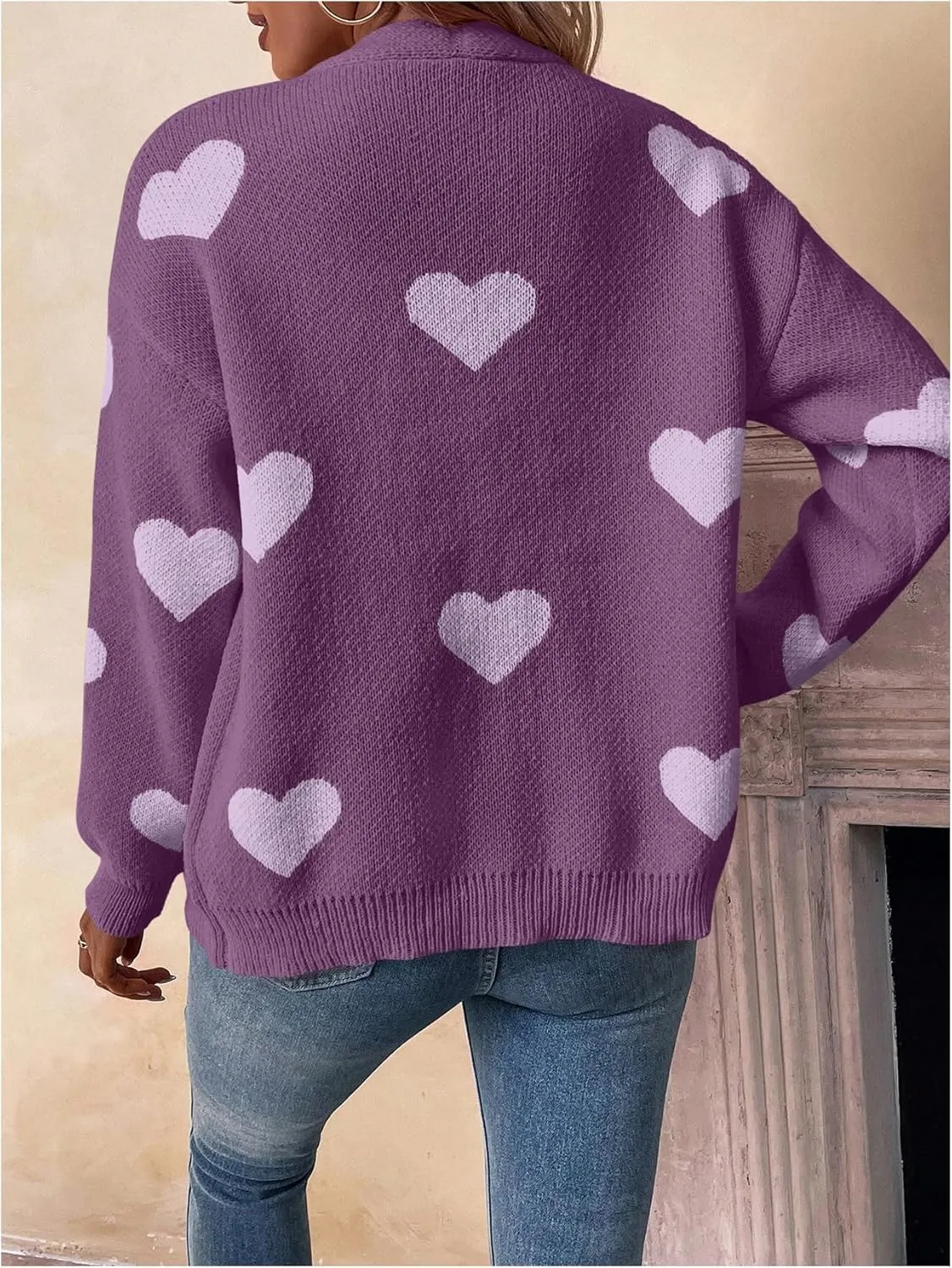 SHENHE Women's Button Down Cardigan Cute Heart Print V Neck Soft Cardigan Sweater Coat