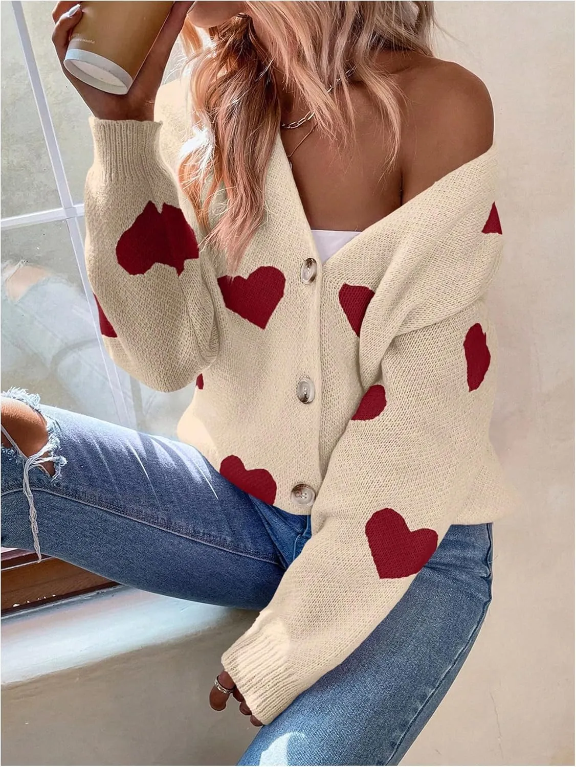 SHENHE Women's Button Down Cardigan Cute Heart Print V Neck Soft Cardigan Sweater Coat