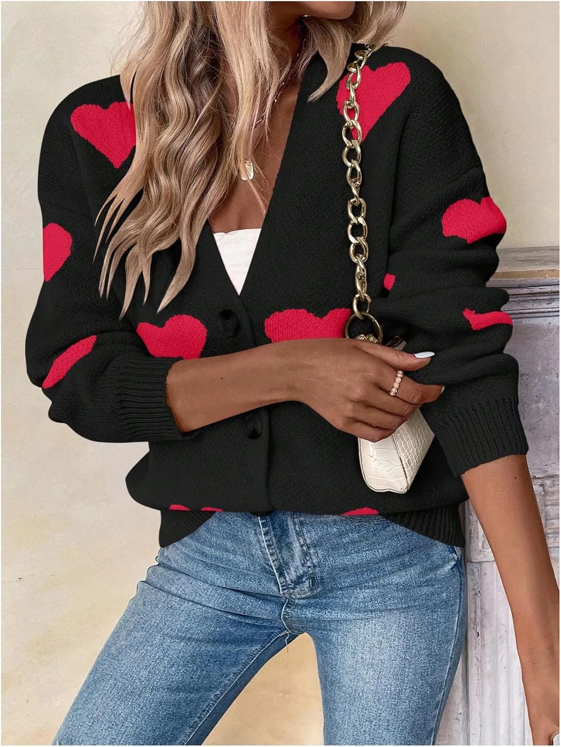 SHENHE Women's Button Down Cardigan Cute Heart Print V Neck Soft Cardigan Sweater Coat