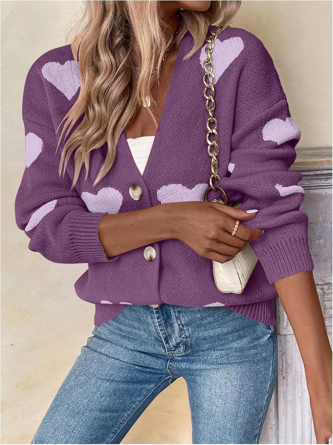 SHENHE Women's Button Down Cardigan Cute Heart Print V Neck Soft Cardigan Sweater Coat