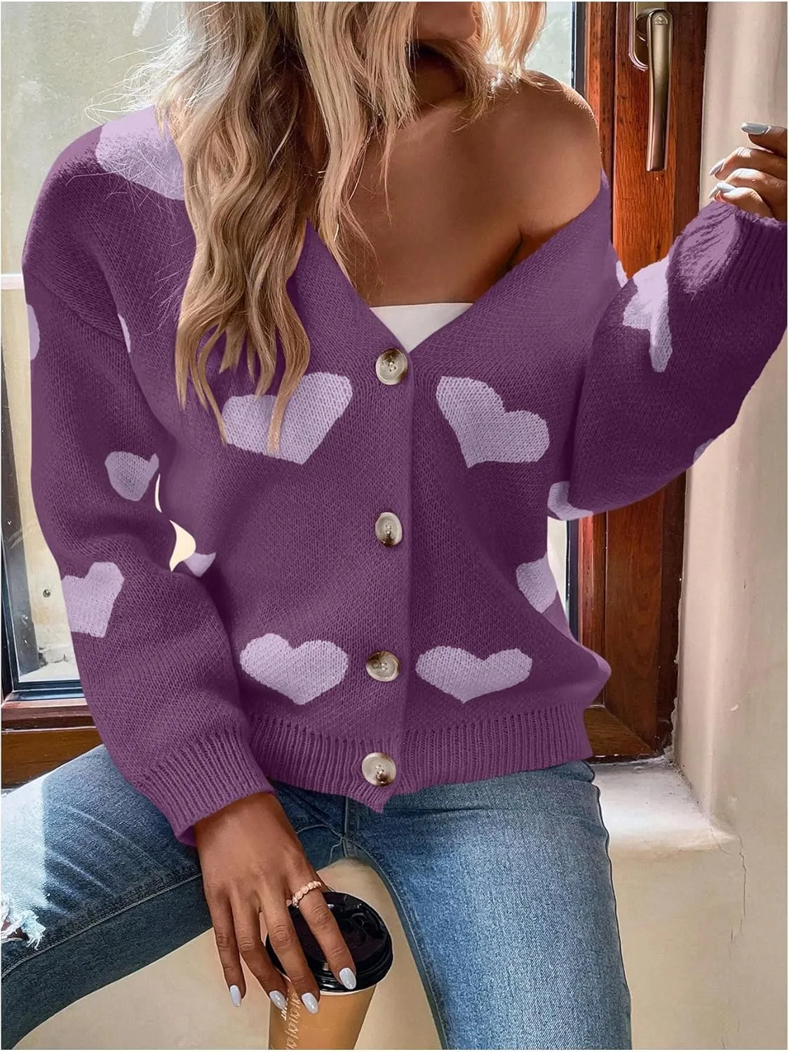 SHENHE Women's Button Down Cardigan Cute Heart Print V Neck Soft Cardigan Sweater Coat