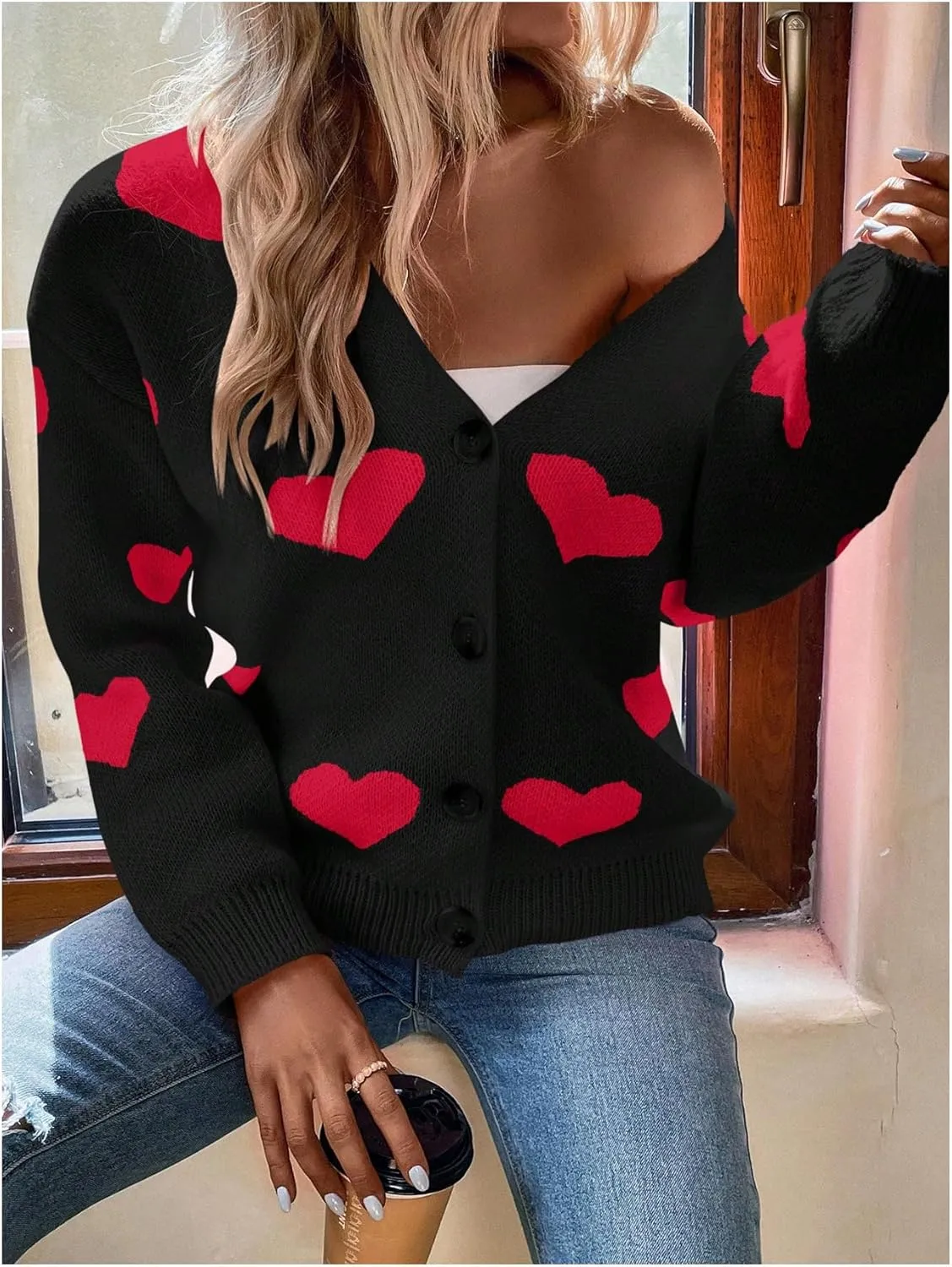 SHENHE Women's Button Down Cardigan Cute Heart Print V Neck Soft Cardigan Sweater Coat