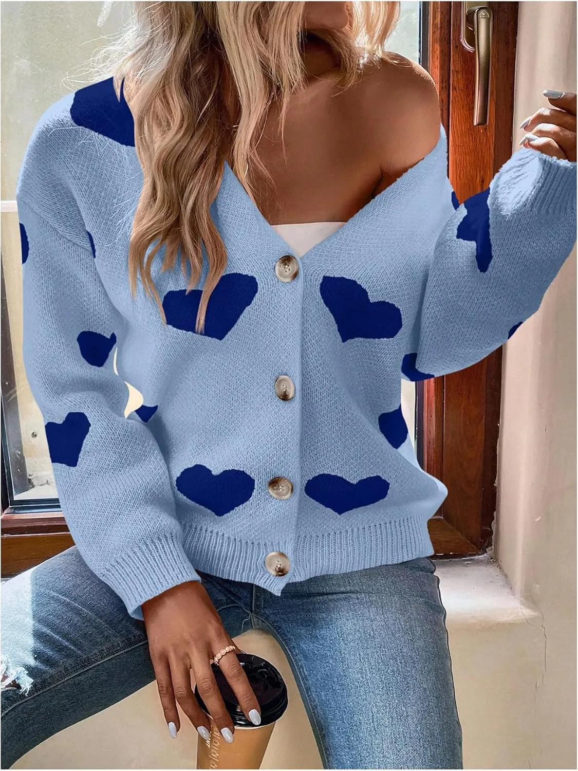 SHENHE Women's Button Down Cardigan Cute Heart Print V Neck Soft Cardigan Sweater Coat