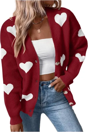 SHENHE Women's Button Down Cardigan Cute Heart Print V Neck Soft Cardigan Sweater Coat