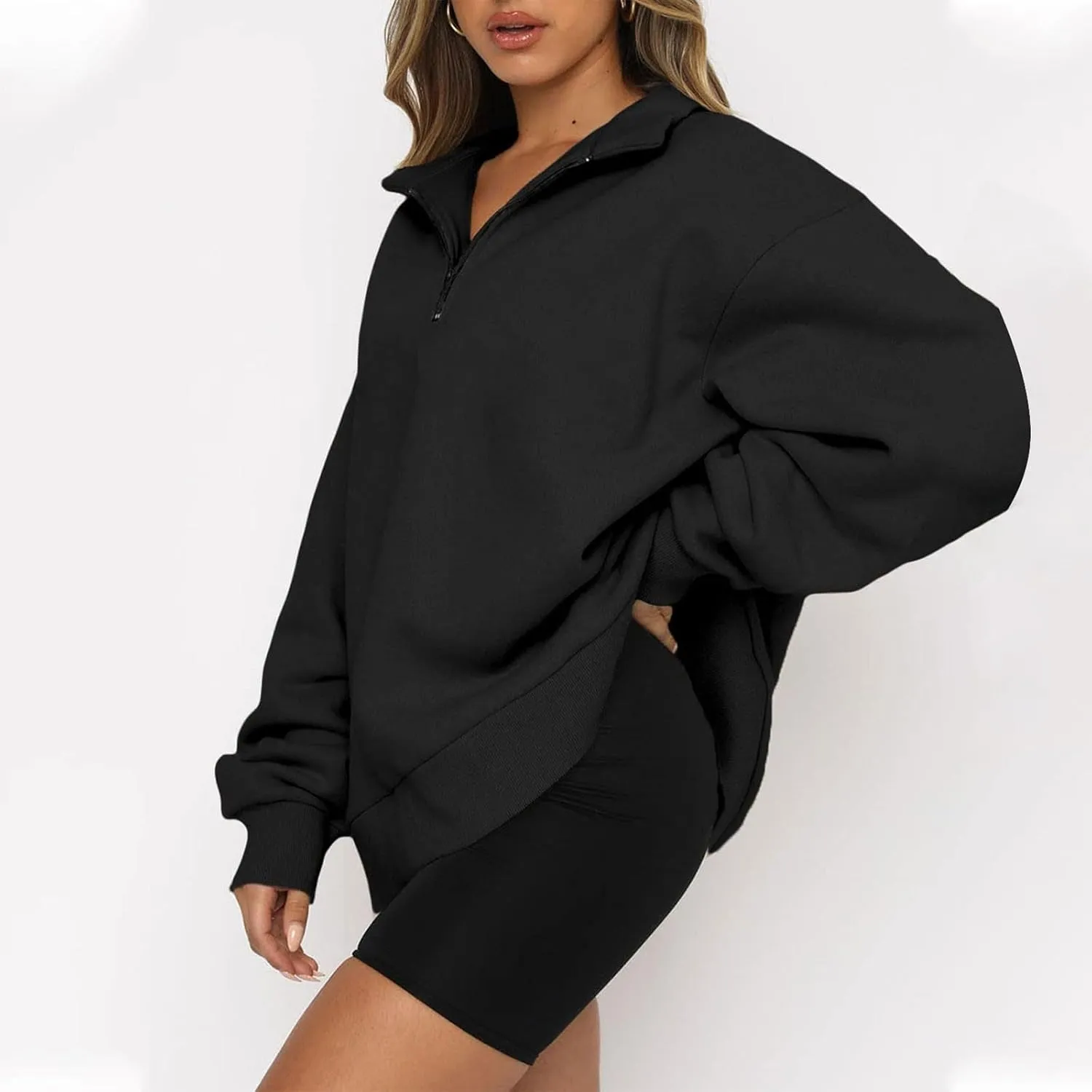slqdgmryz Womens Quarter Zip Pullover Fleece Preppy Oversized Sweatshirt Drop Shoulder Half Zip Plain Cute Sweatshirts