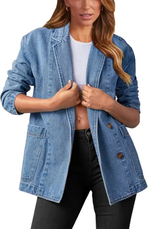 Tankaneo Womens Oversized Denim Jacket Casual Button Up Blazer Notched Lapel Jean Shacket Coat