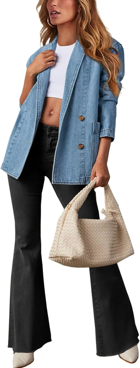 Tankaneo Womens Oversized Denim Jacket Casual Button Up Blazer Notched Lapel Jean Shacket Coat