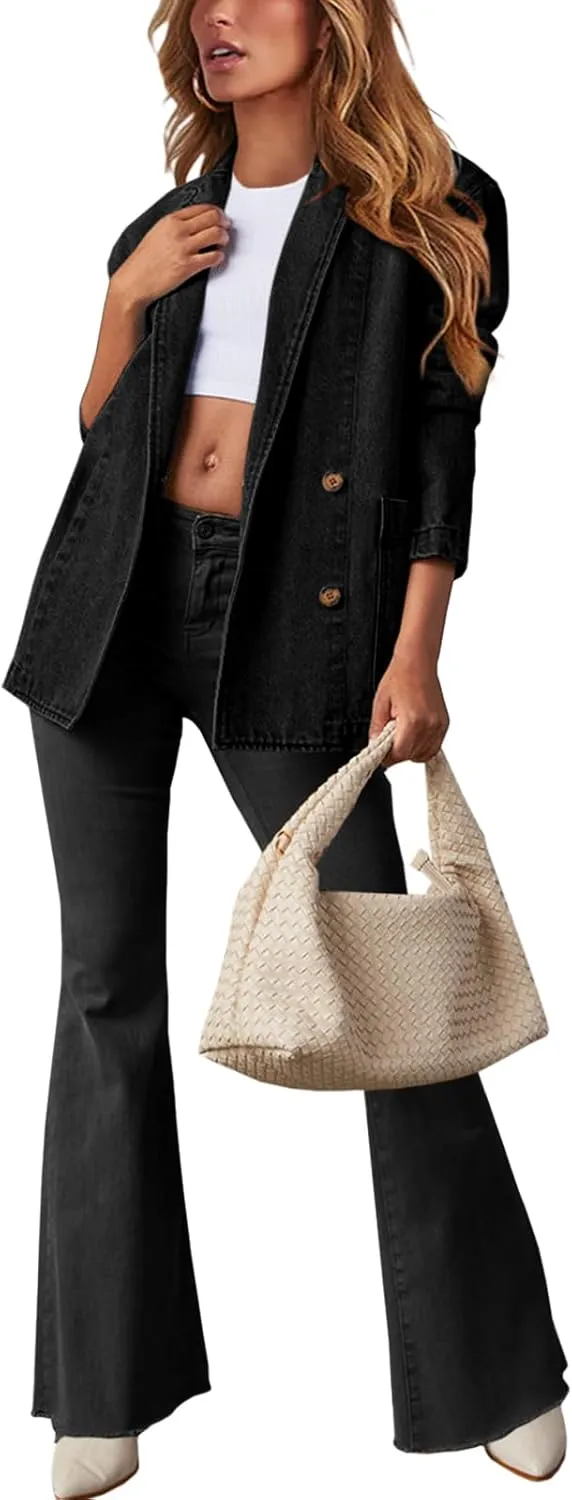Tankaneo Womens Oversized Denim Jacket Casual Button Up Blazer Notched Lapel Jean Shacket Coat