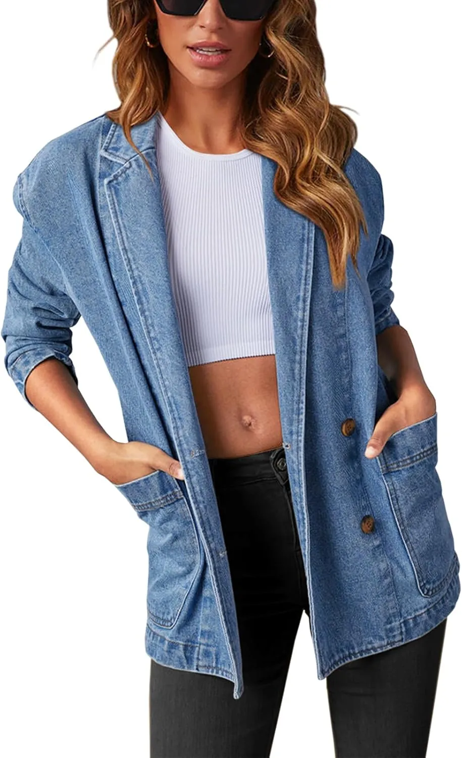 Tankaneo Womens Oversized Denim Jacket Casual Button Up Blazer Notched Lapel Jean Shacket Coat