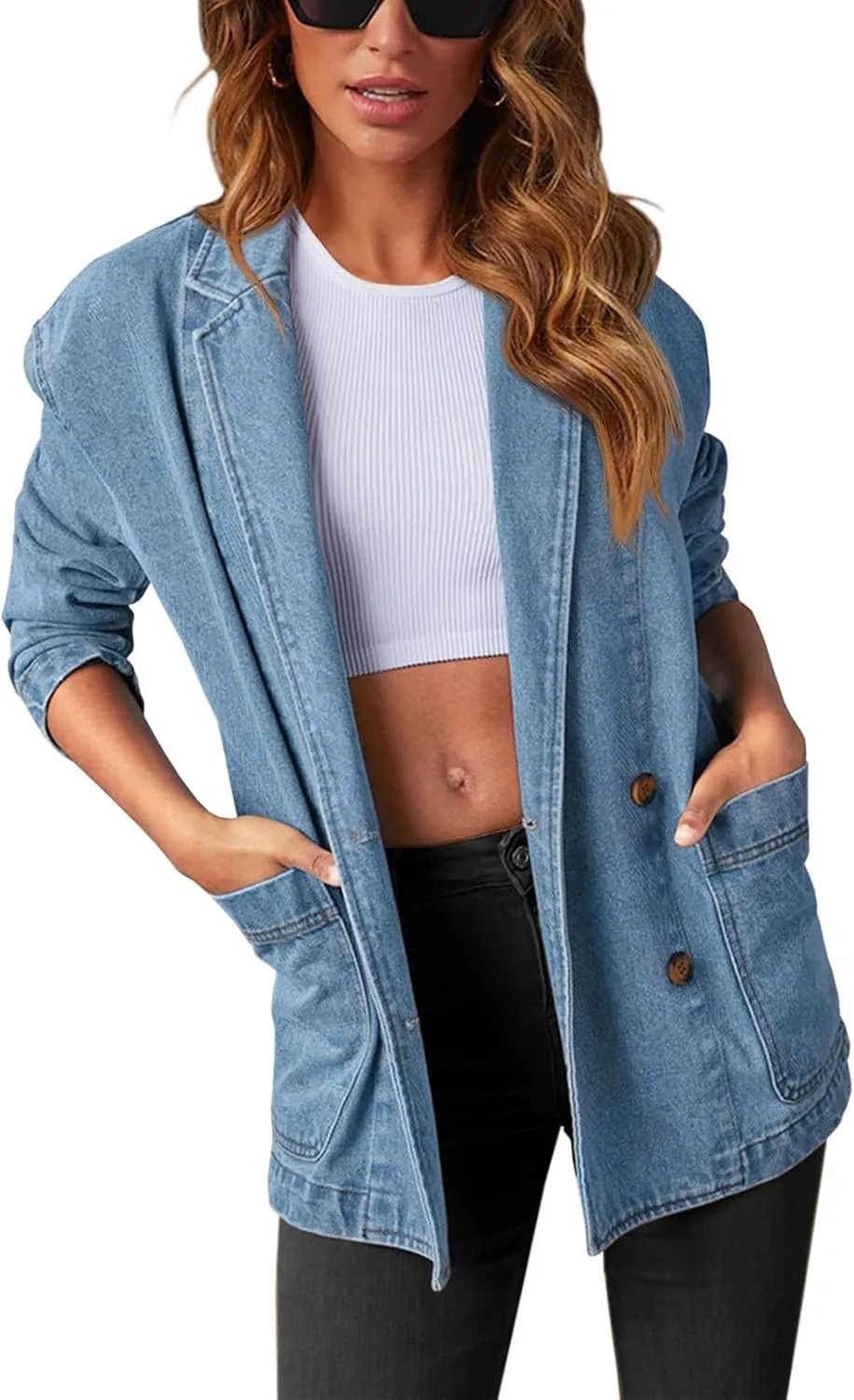 Tankaneo Womens Oversized Denim Jacket Casual Button Up Blazer Notched Lapel Jean Shacket Coat