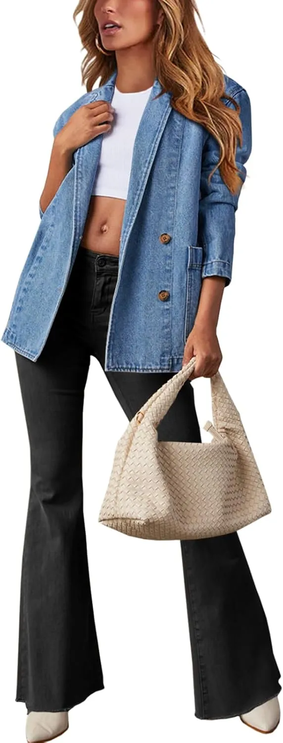 Tankaneo Womens Oversized Denim Jacket Casual Button Up Blazer Notched Lapel Jean Shacket Coat