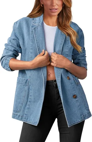 Tankaneo Womens Oversized Denim Jacket Casual Button Up Blazer Notched Lapel Jean Shacket Coat