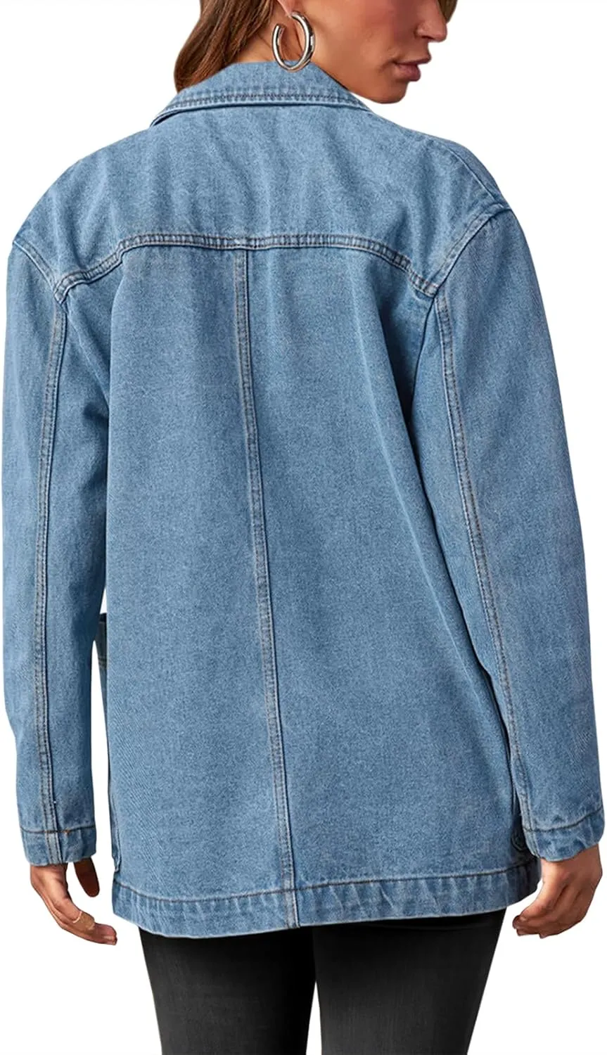 Tankaneo Womens Oversized Denim Jacket Casual Button Up Blazer Notched Lapel Jean Shacket Coat