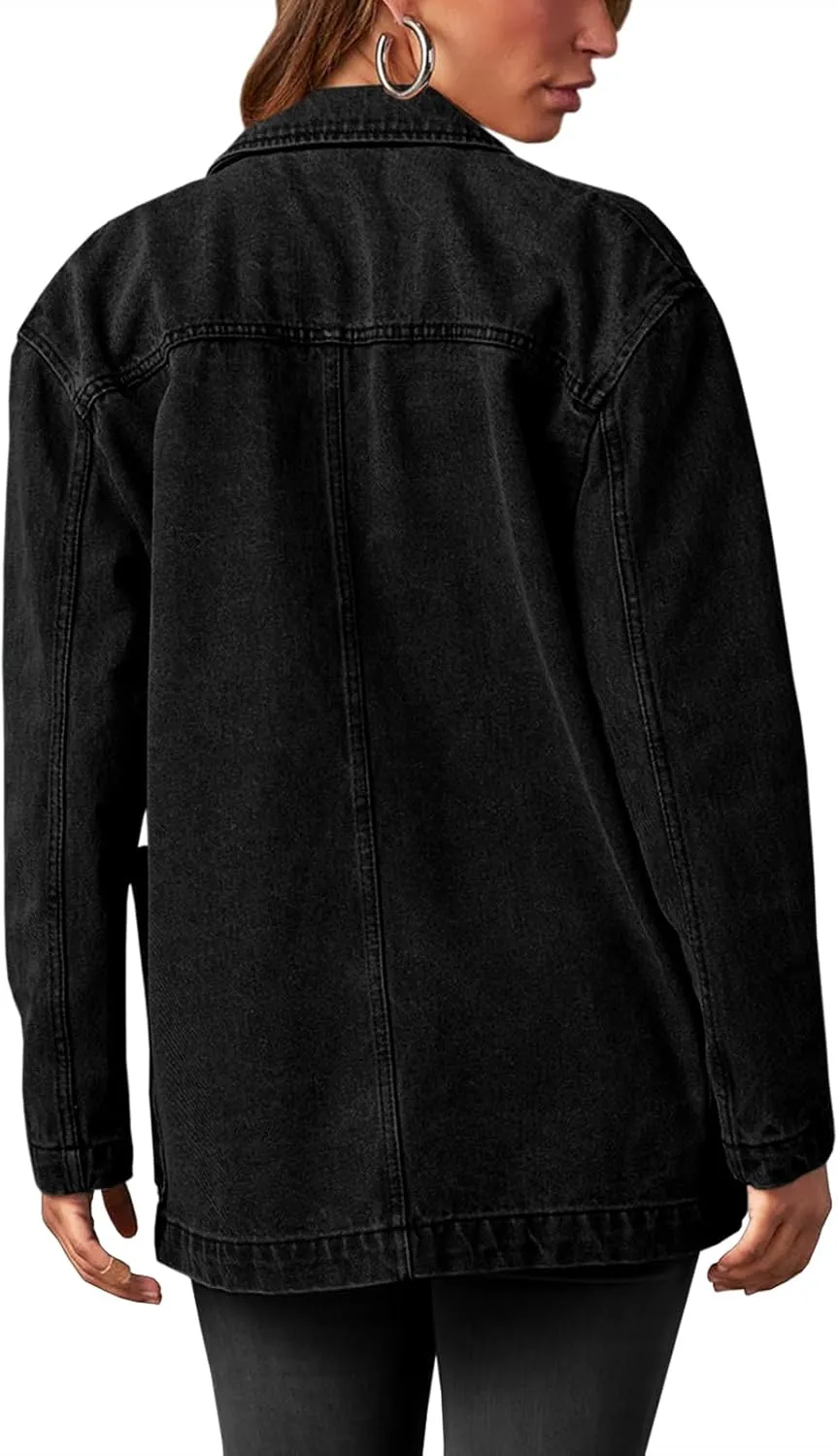 Tankaneo Womens Oversized Denim Jacket Casual Button Up Blazer Notched Lapel Jean Shacket Coat