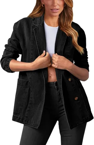 Tankaneo Womens Oversized Denim Jacket Casual Button Up Blazer Notched Lapel Jean Shacket Coat