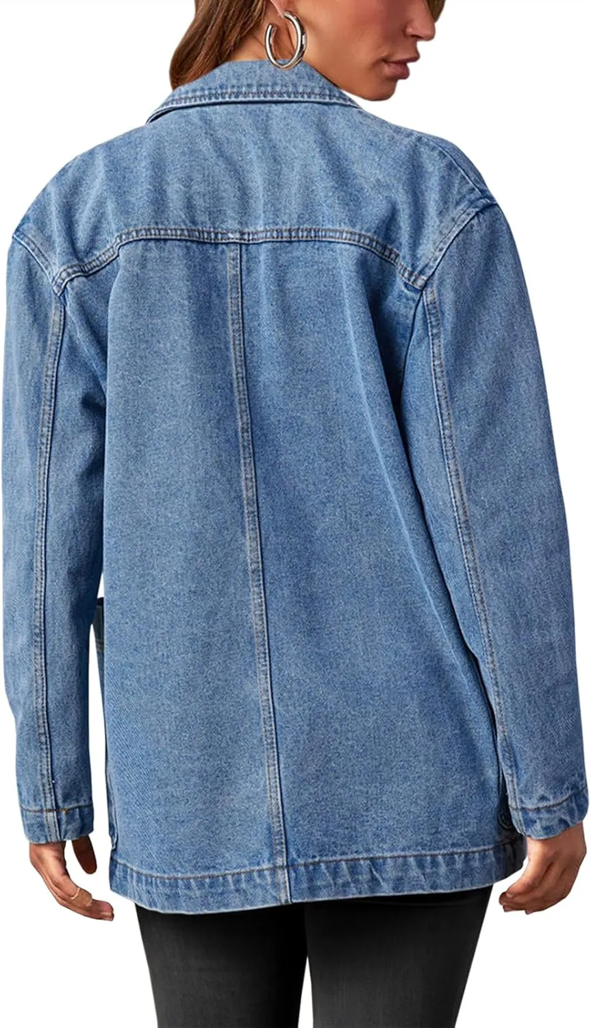Tankaneo Womens Oversized Denim Jacket Casual Button Up Blazer Notched Lapel Jean Shacket Coat
