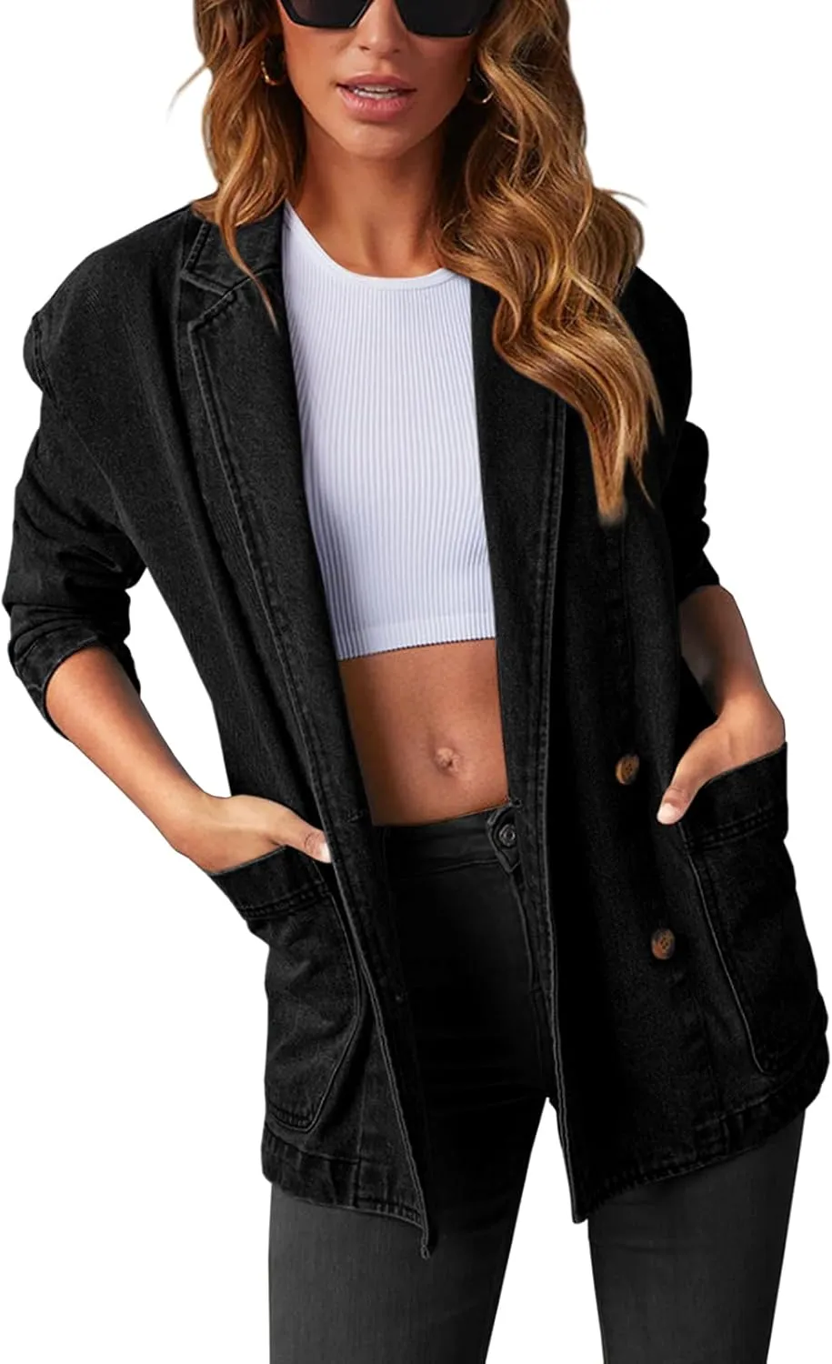 Tankaneo Womens Oversized Denim Jacket Casual Button Up Blazer Notched Lapel Jean Shacket Coat