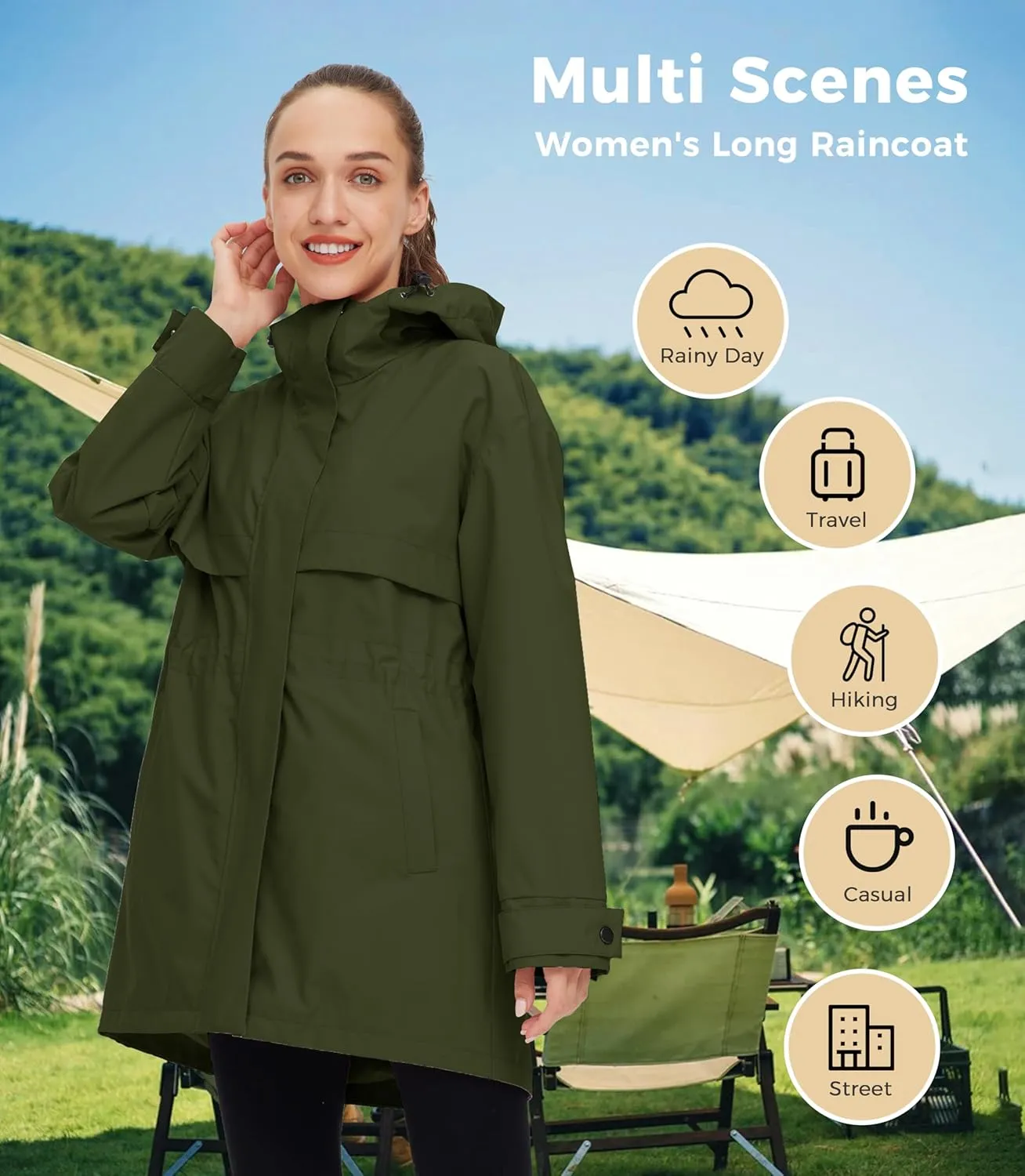 wantdo Women's Lightweight Rain Jackets Waterproof Long Raincoats with Hood Trench Coats Windbreaker