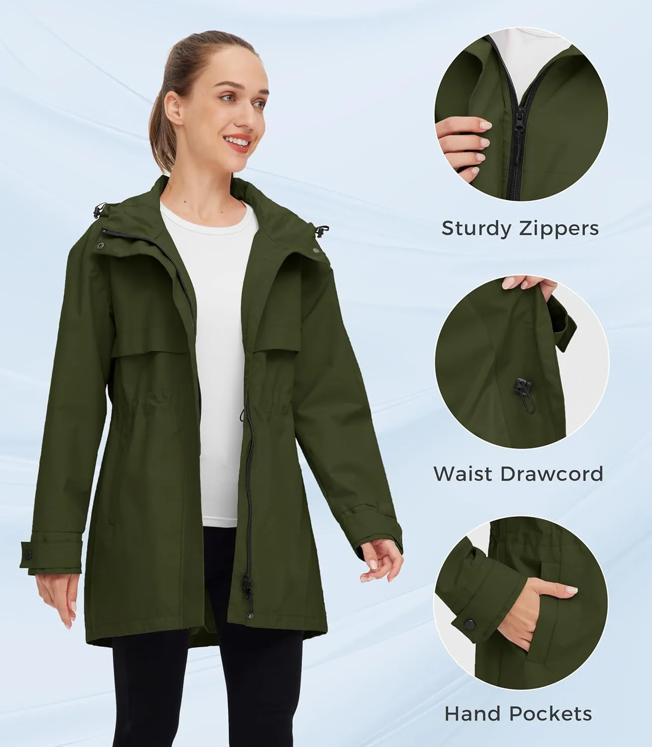 wantdo Women's Lightweight Rain Jackets Waterproof Long Raincoats with Hood Trench Coats Windbreaker