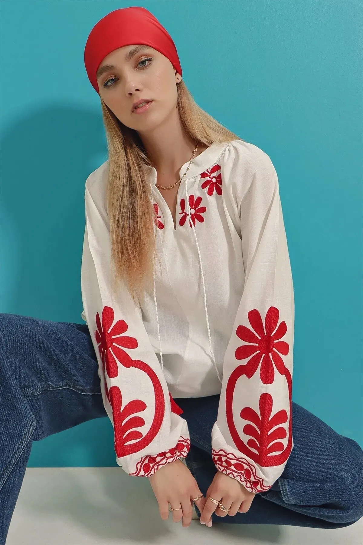 White Vyshyvanka with Red Floral Embroidery