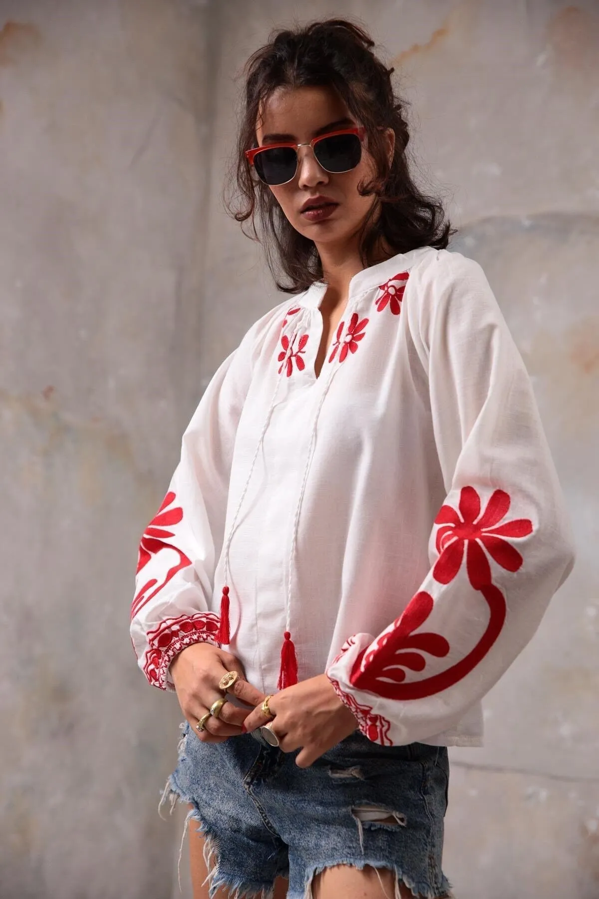 White Vyshyvanka with Red Floral Embroidery