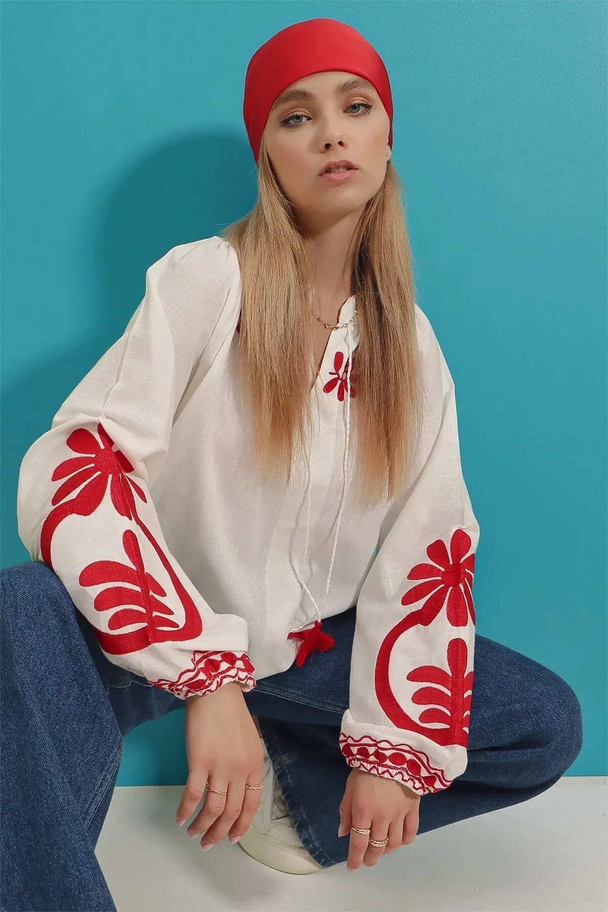 White Vyshyvanka with Red Floral Embroidery