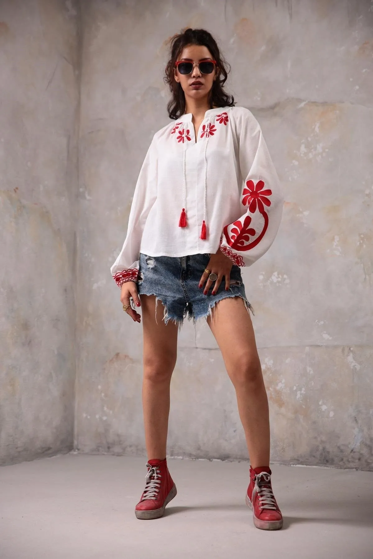 White Vyshyvanka with Red Floral Embroidery