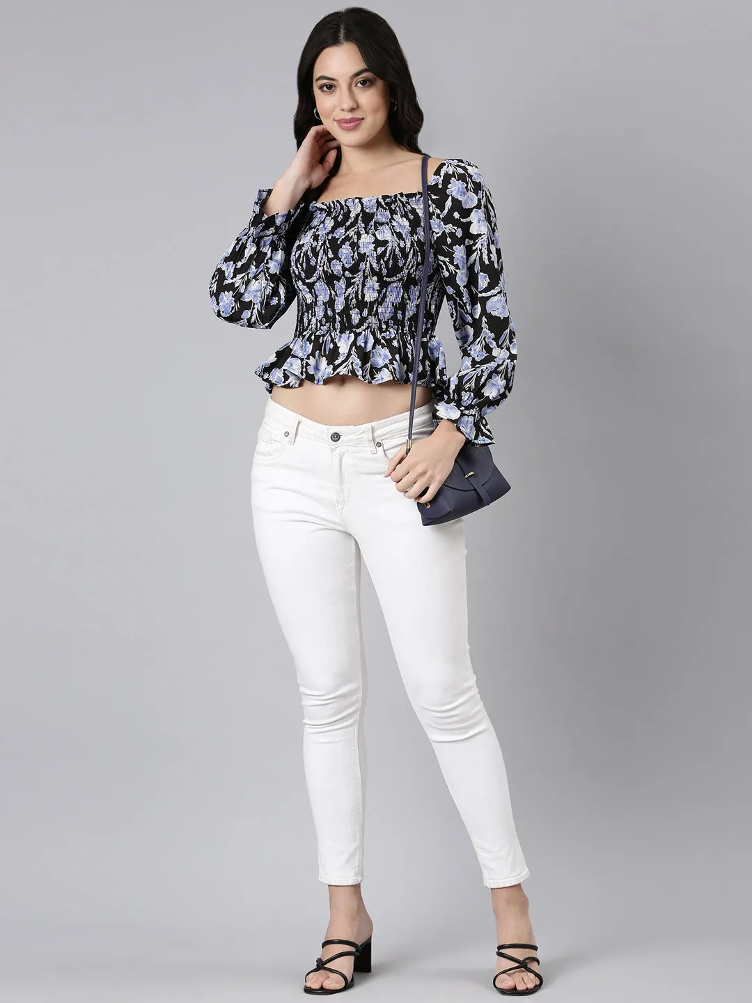 Women Black Floral Printed Square Neck Puff Sleeves Fitted Crop Top