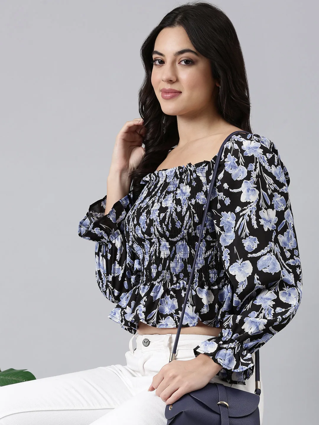 Women Black Floral Printed Square Neck Puff Sleeves Fitted Crop Top