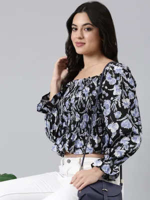Women Black Floral Printed Square Neck Puff Sleeves Fitted Crop Top