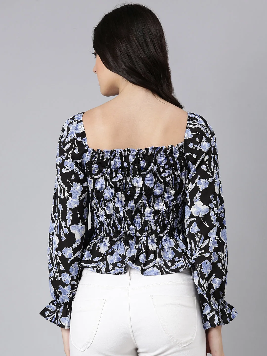 Women Black Floral Printed Square Neck Puff Sleeves Fitted Crop Top