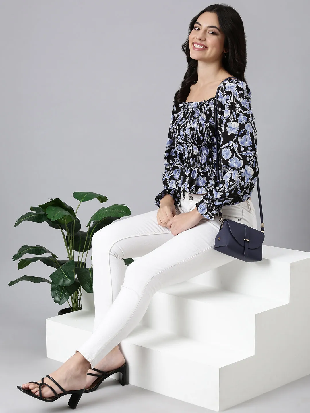 Women Black Floral Printed Square Neck Puff Sleeves Fitted Crop Top