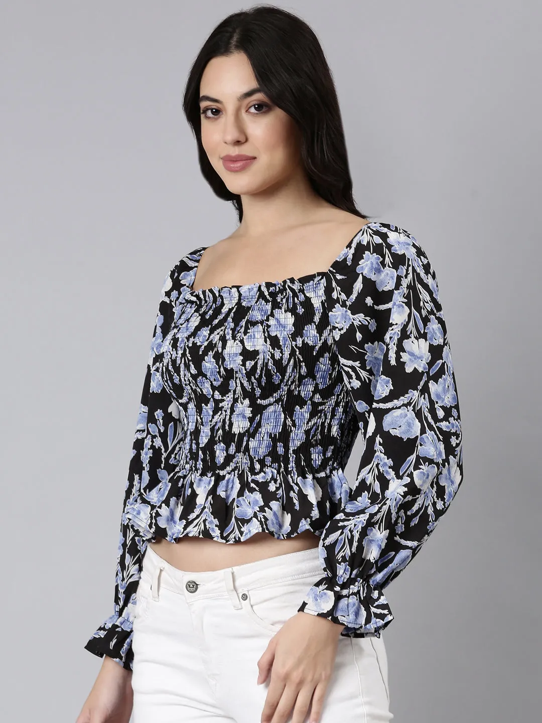 Women Black Floral Printed Square Neck Puff Sleeves Fitted Crop Top