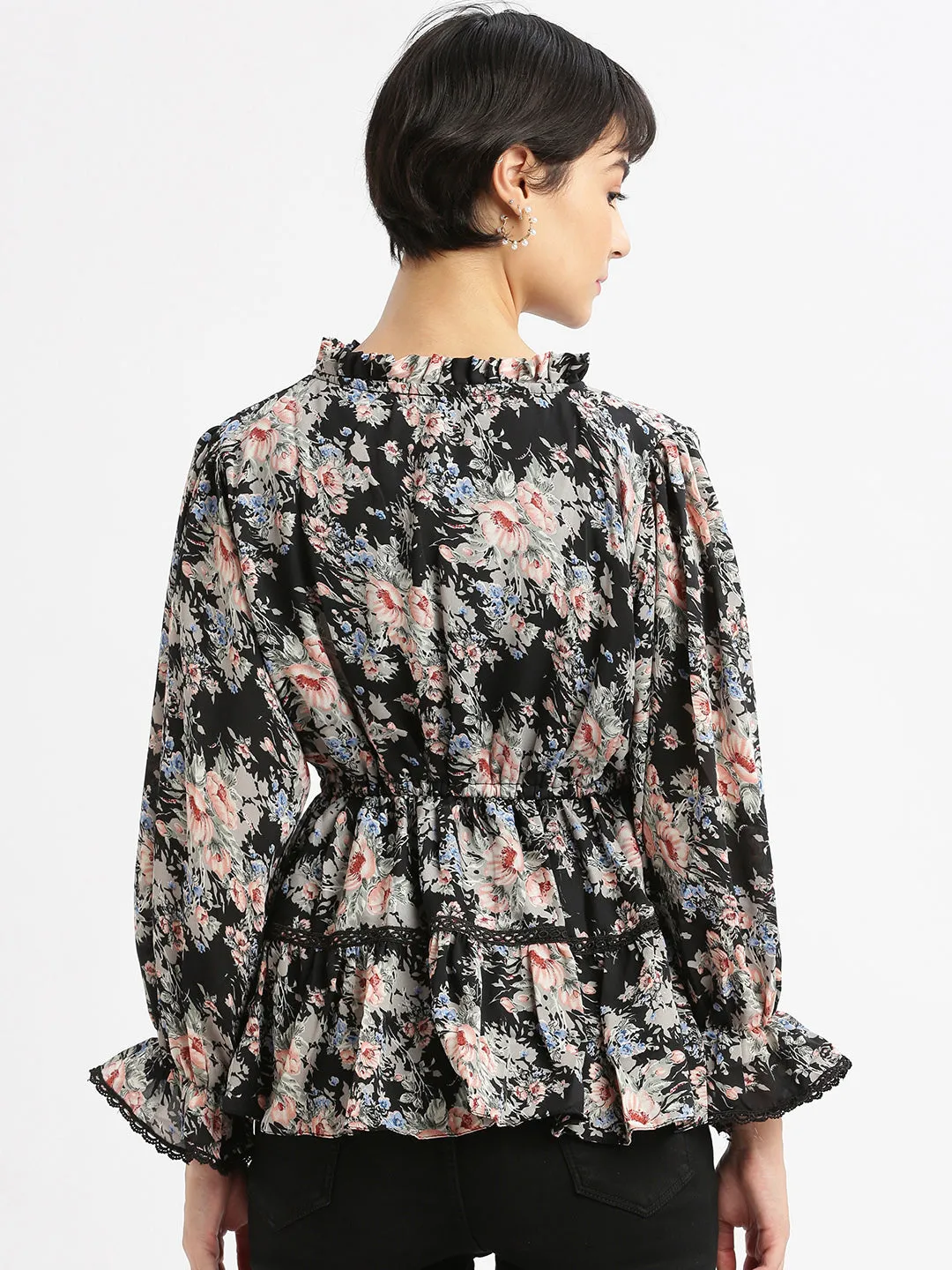 Women Black Floral Printed Tie-Up Neck Puff Sleeve Crepe Peplum Top