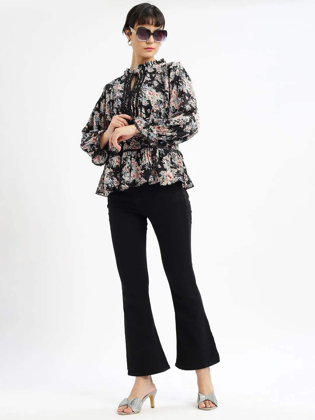 Women Black Floral Printed Tie-Up Neck Puff Sleeve Crepe Peplum Top