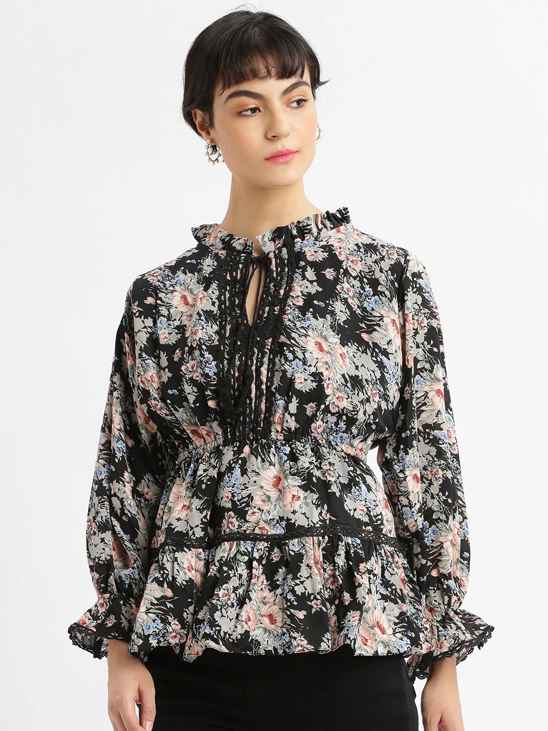 Women Black Floral Printed Tie-Up Neck Puff Sleeve Crepe Peplum Top