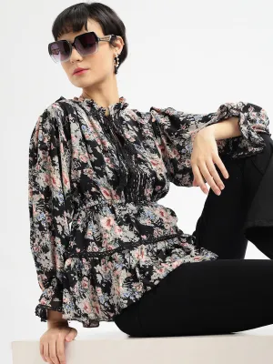 Women Black Floral Printed Tie-Up Neck Puff Sleeve Crepe Peplum Top