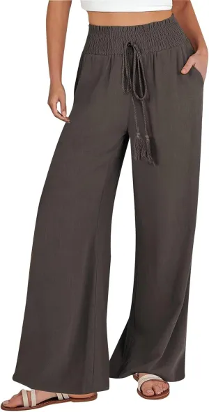 Women Linen Blend Summer Breathable Palazzo Pants Low Waist Wide Leg Loose Fit Pants Work Business