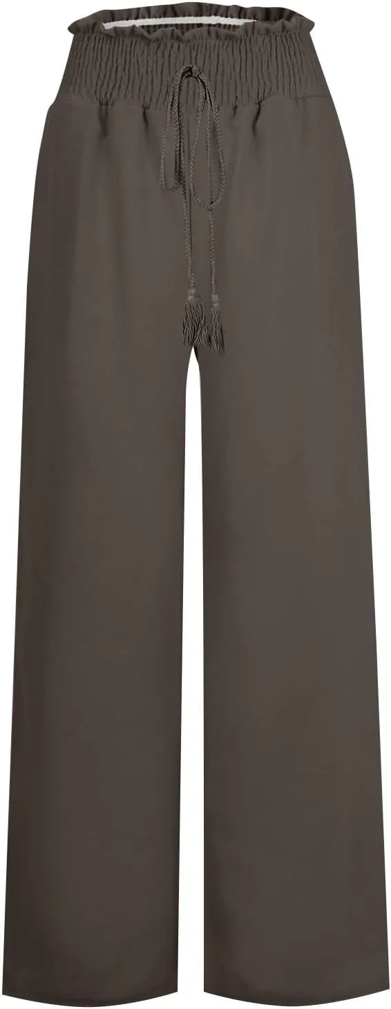 Women Linen Blend Summer Breathable Palazzo Pants Low Waist Wide Leg Loose Fit Pants Work Business