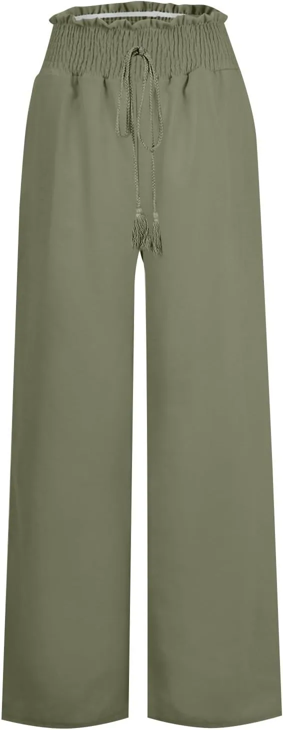 Women Linen Blend Summer Breathable Palazzo Pants Low Waist Wide Leg Loose Fit Pants Work Business