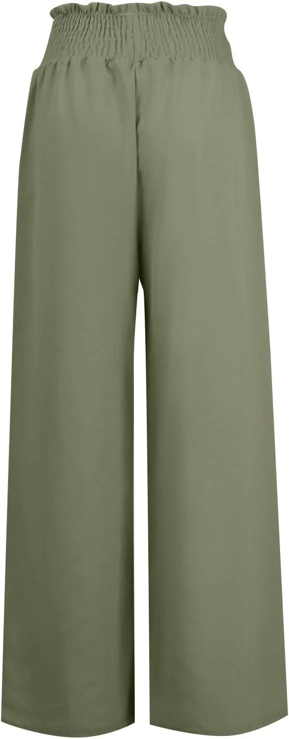 Women Linen Blend Summer Breathable Palazzo Pants Low Waist Wide Leg Loose Fit Pants Work Business