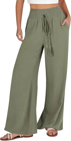 Women Linen Blend Summer Breathable Palazzo Pants Low Waist Wide Leg Loose Fit Pants Work Business