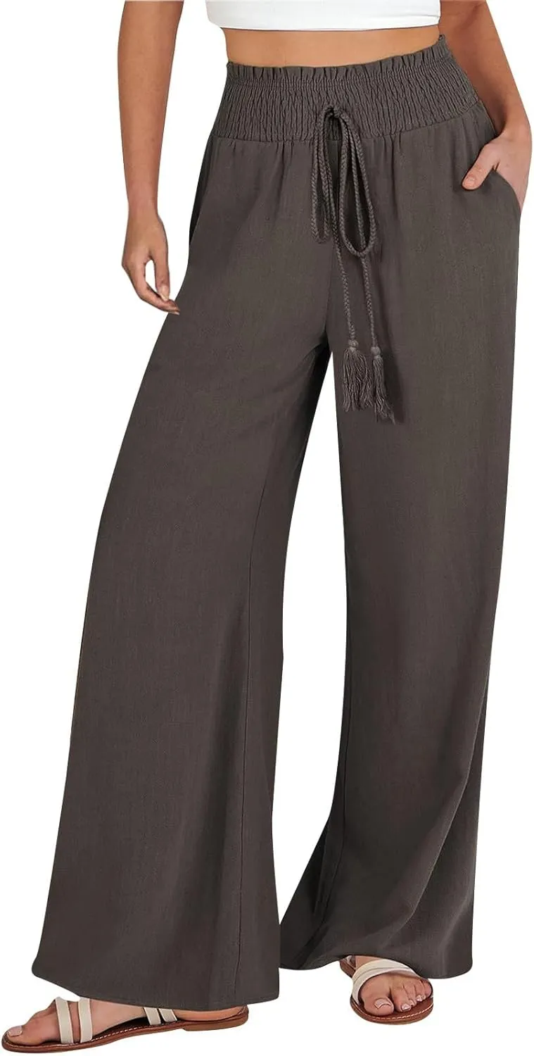 Women Linen Blend Summer Breathable Palazzo Pants Low Waist Wide Leg Loose Fit Pants Work Business
