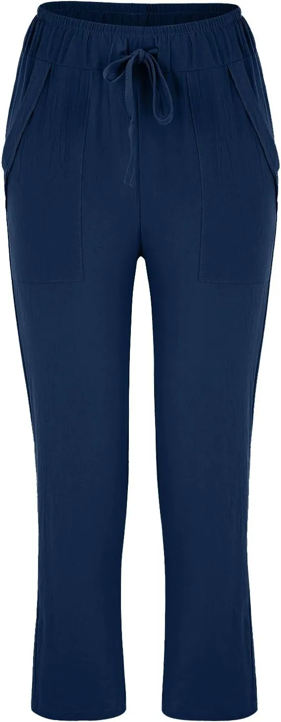 Women Linen Blend Summer Breathable Pant Trousers Elastic Waist Wide Leg Slim Fit Pants Office