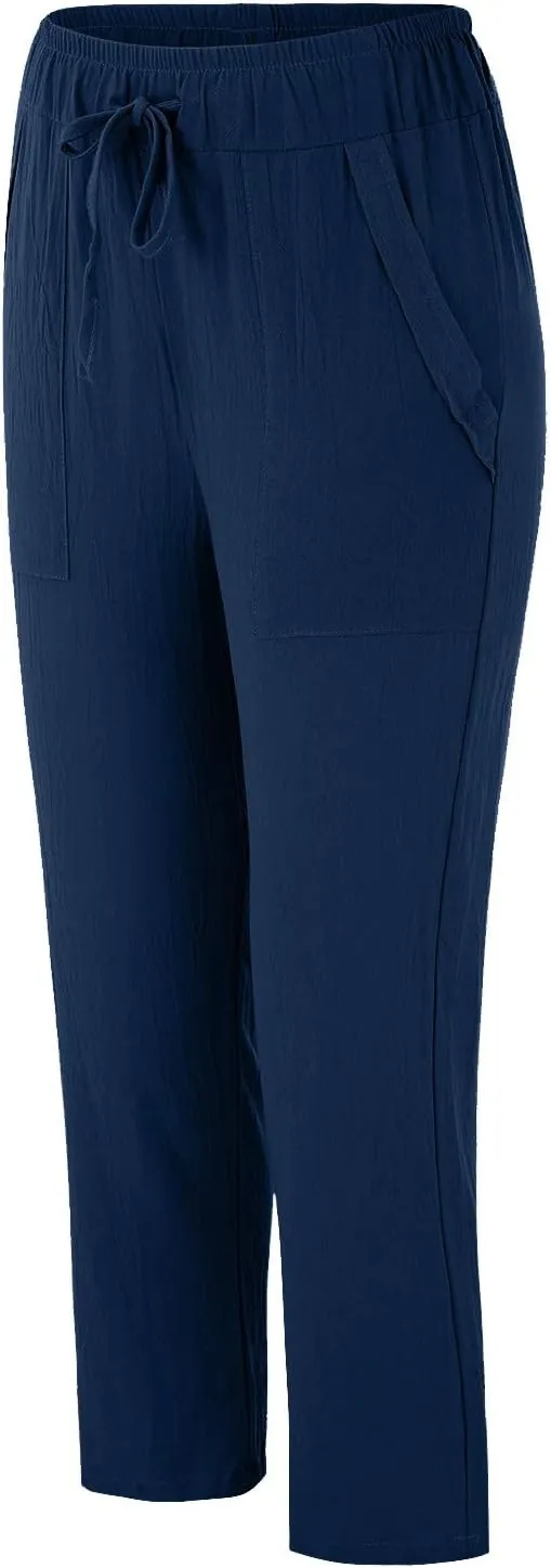 Women Linen Blend Summer Breathable Pant Trousers Elastic Waist Wide Leg Slim Fit Pants Office