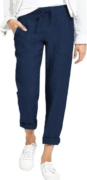 Women Linen Blend Summer Breathable Pant Trousers Elastic Waist Wide Leg Slim Fit Pants Office