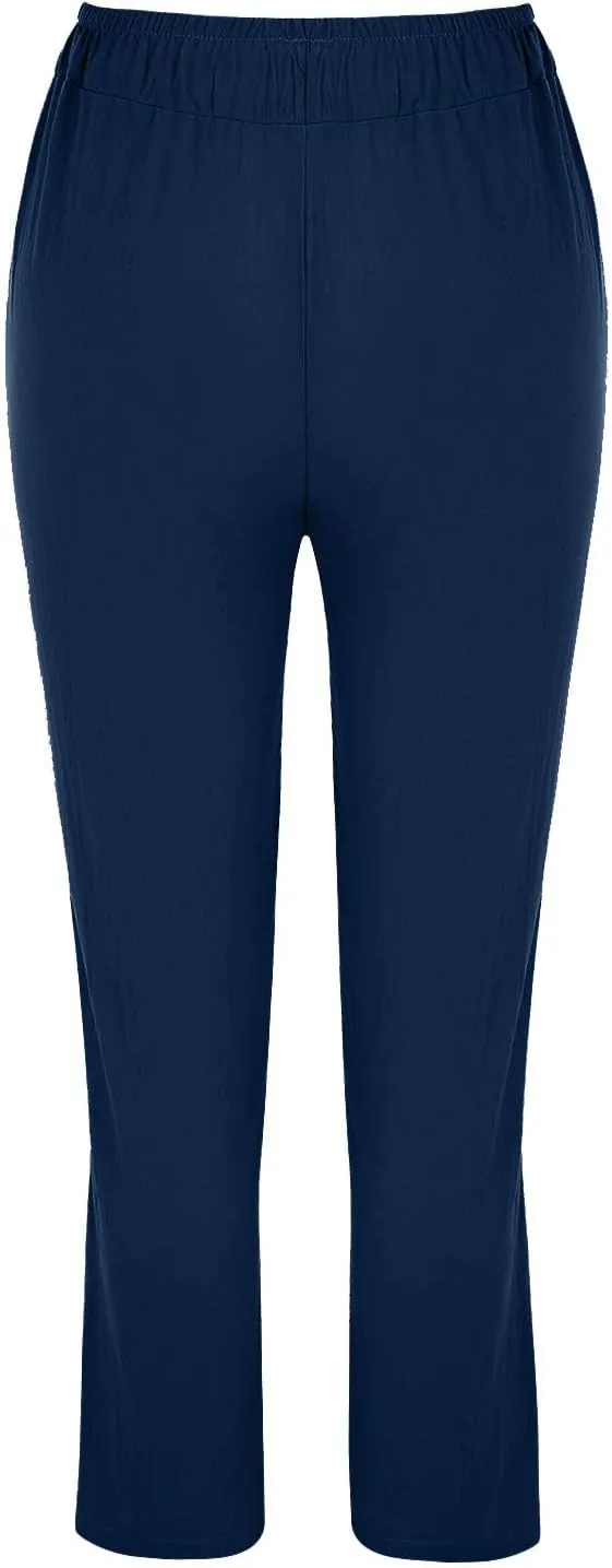 Women Linen Blend Summer Breathable Pant Trousers Elastic Waist Wide Leg Slim Fit Pants Office
