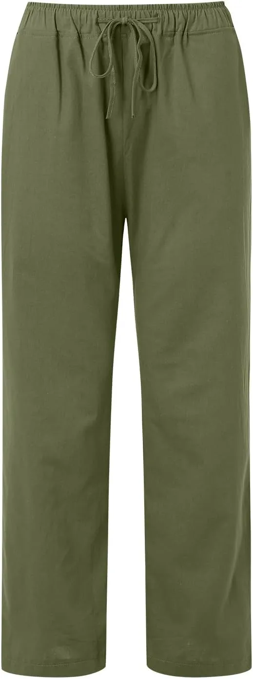 Women Linen Summer Breathable Pants High Waist Stretchy Slim-Fit Palazzo Lounge Pants Work Business