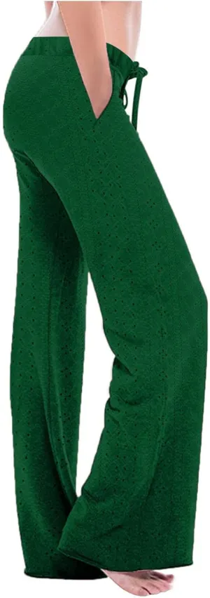 Women Straight Leg Pants Breathable Hollow Out Eyelets Wide Leg Pants Drawstring High Waist Pant Casual Yoga Trousers